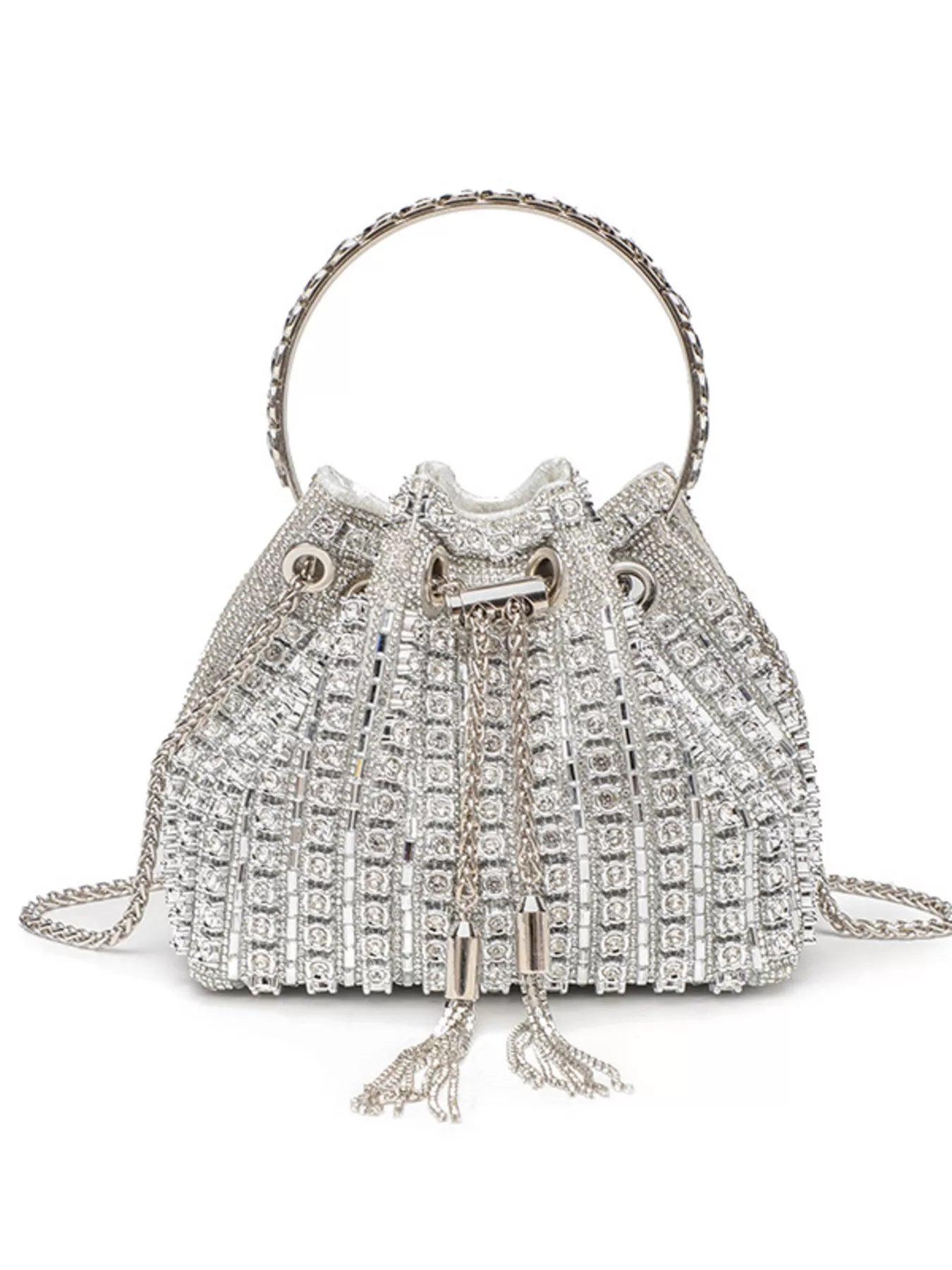 Silver beaded handbag with a chain strap on a white background