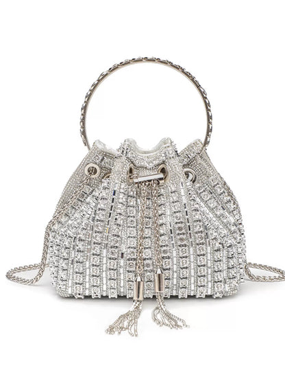 Silver beaded handbag with a chain strap on a white background