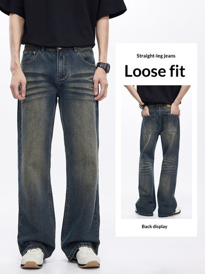 Straight-leg jeans with loose fit displayed on a person against a white background.