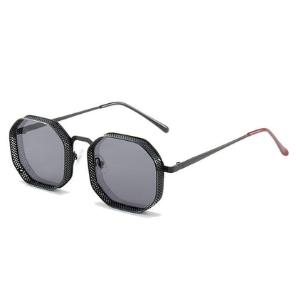 Black sunglasses with hexagonal lenses on a white background