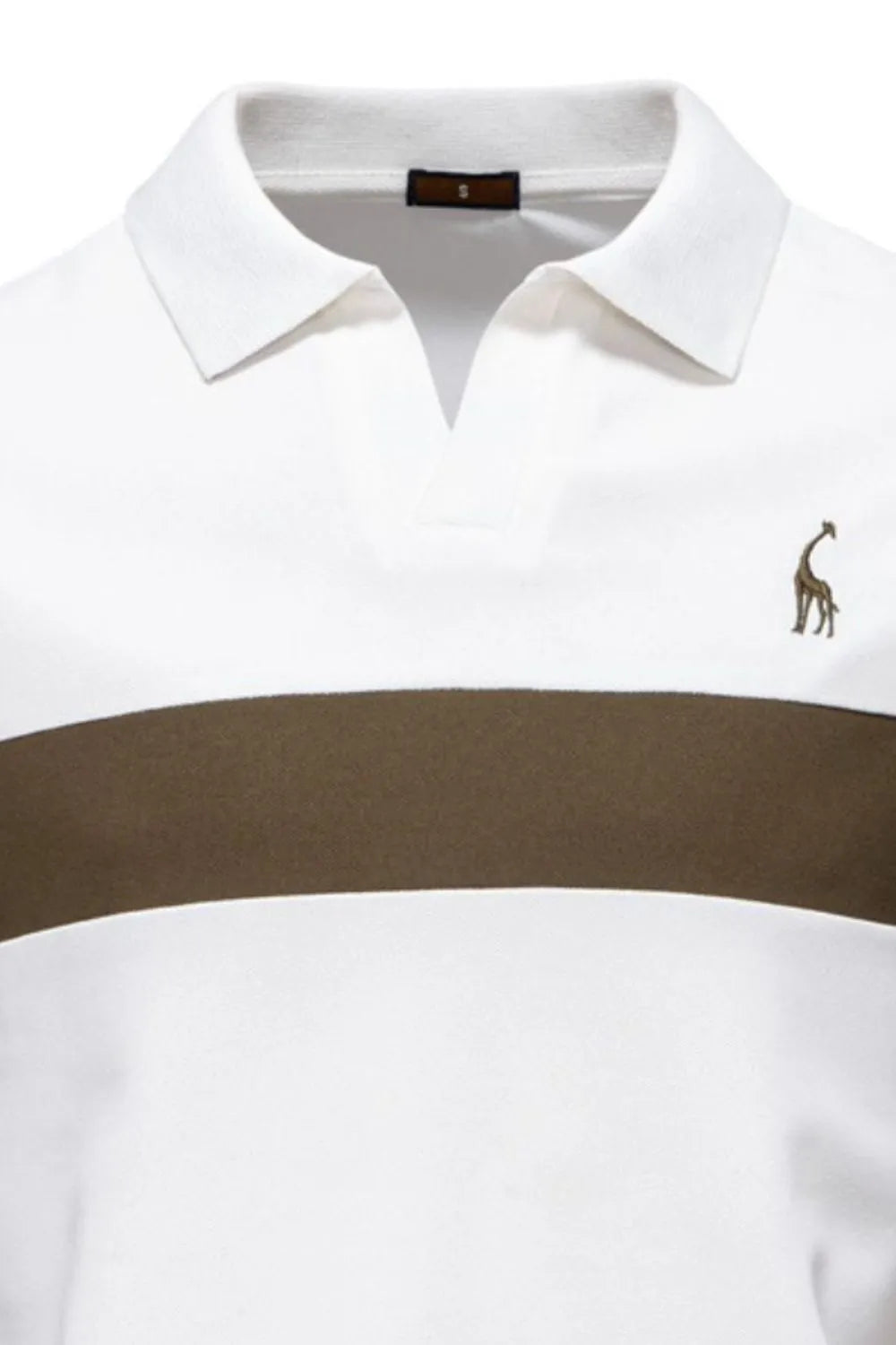 White polo shirt with a brown stripe and logo on a white background