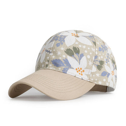 Floral-patterned cap with beige brim on a white background