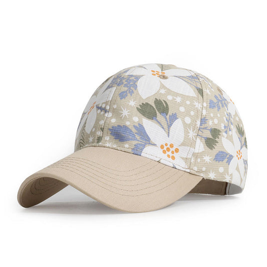 Floral-patterned cap with beige brim on a white background