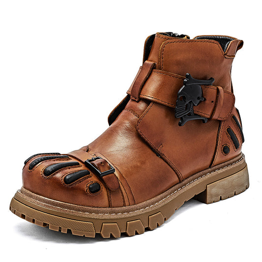 Brown leather boot with skull buckle on a white background