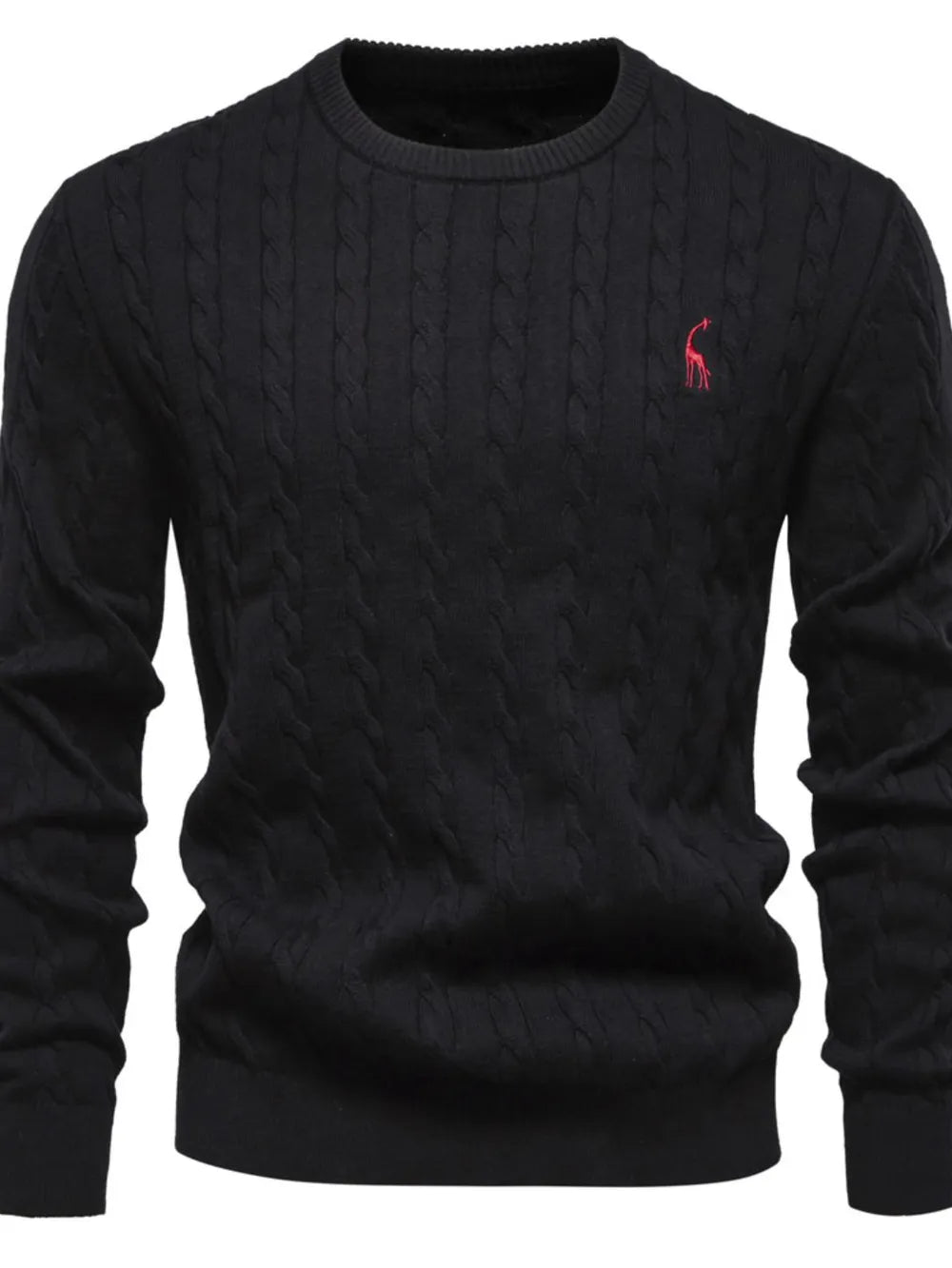 Black cable knit sweater with a red logo on a white background