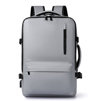Gray backpack with black straps on a white background