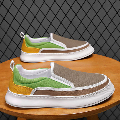 Colorful slip-on sneakers on a wooden table with a dark textured background