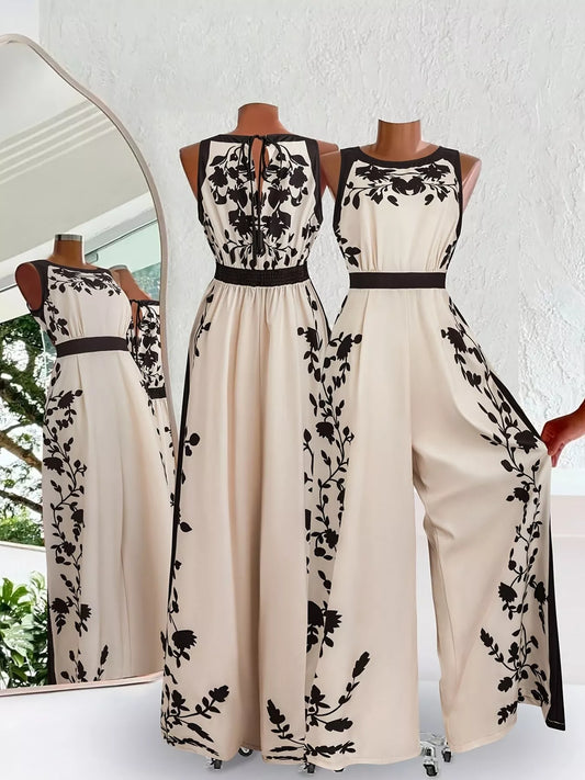 Beige sleeveless pants suit with black floral patterns on a white background