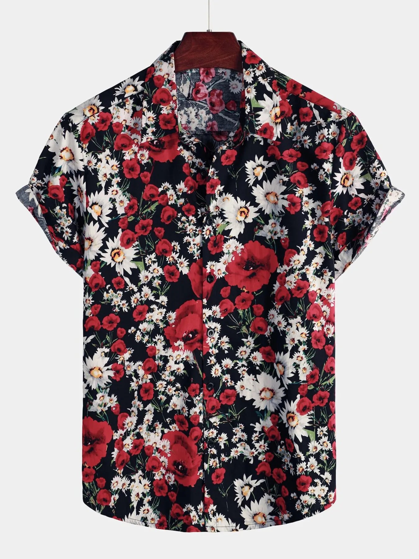 Floral patterned shirt with red, white, and black colors on a white background
