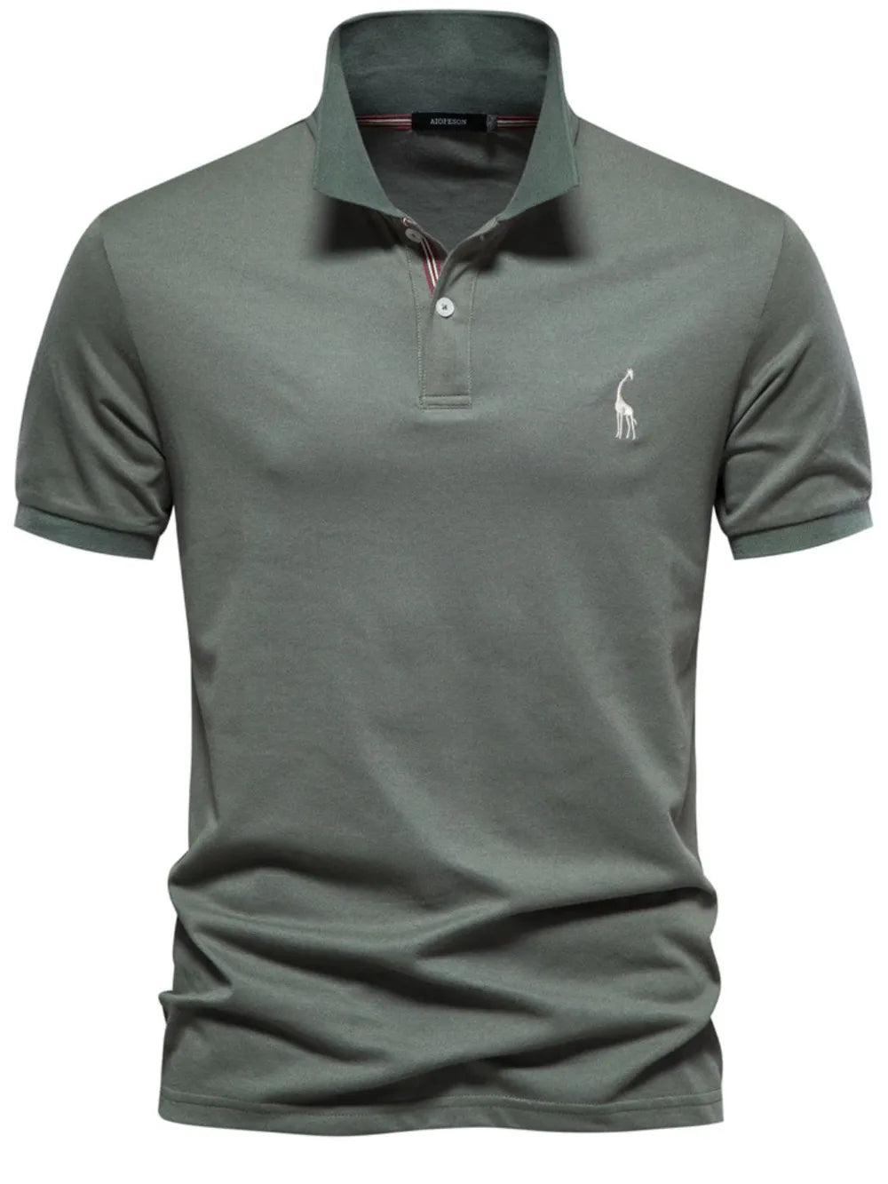 Green polo shirt with a small logo on a white background