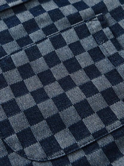 Close-up of a blue and black checkered fabric texture