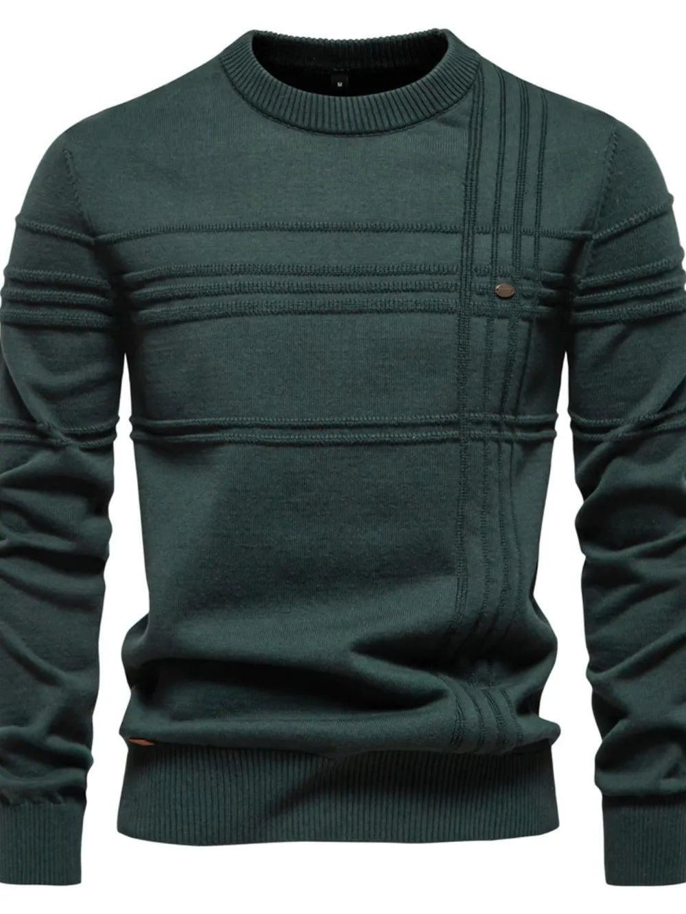 Green sweater with a textured pattern on a white background