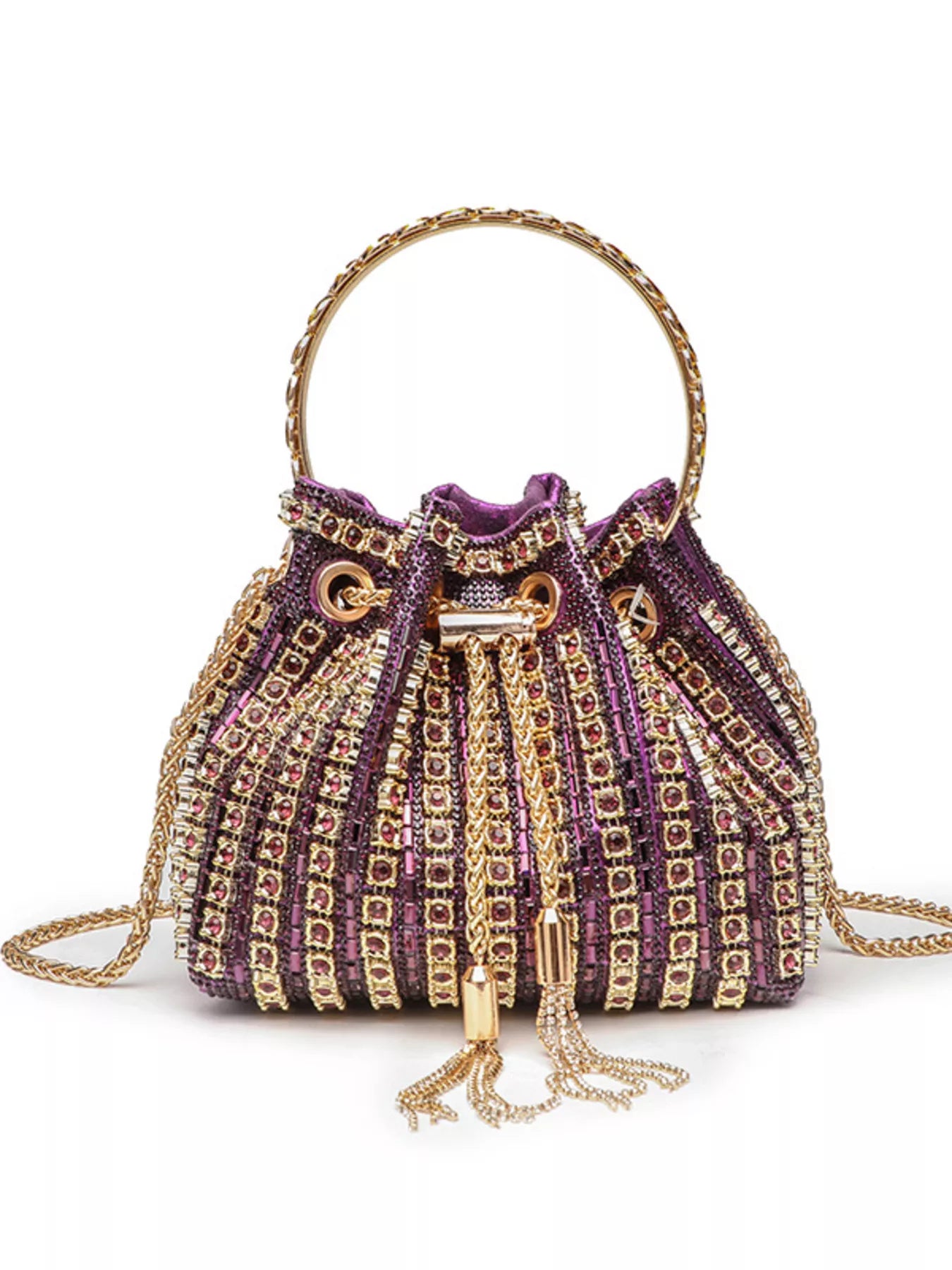 Purple handbag with gold accents on a white background
