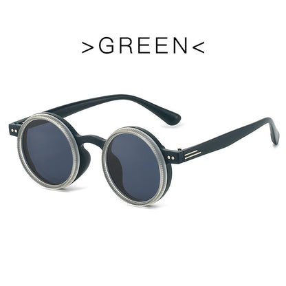 Round sunglasses with black frames and dark lenses on a white background