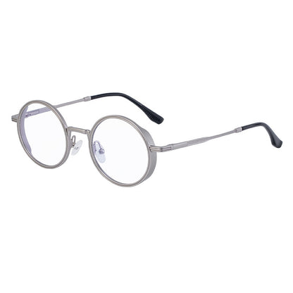 Round eyeglasses with metallic frame on a white background