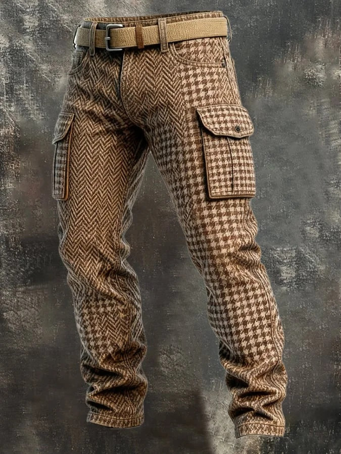 Brown plaid cargo pants on a textured gray background