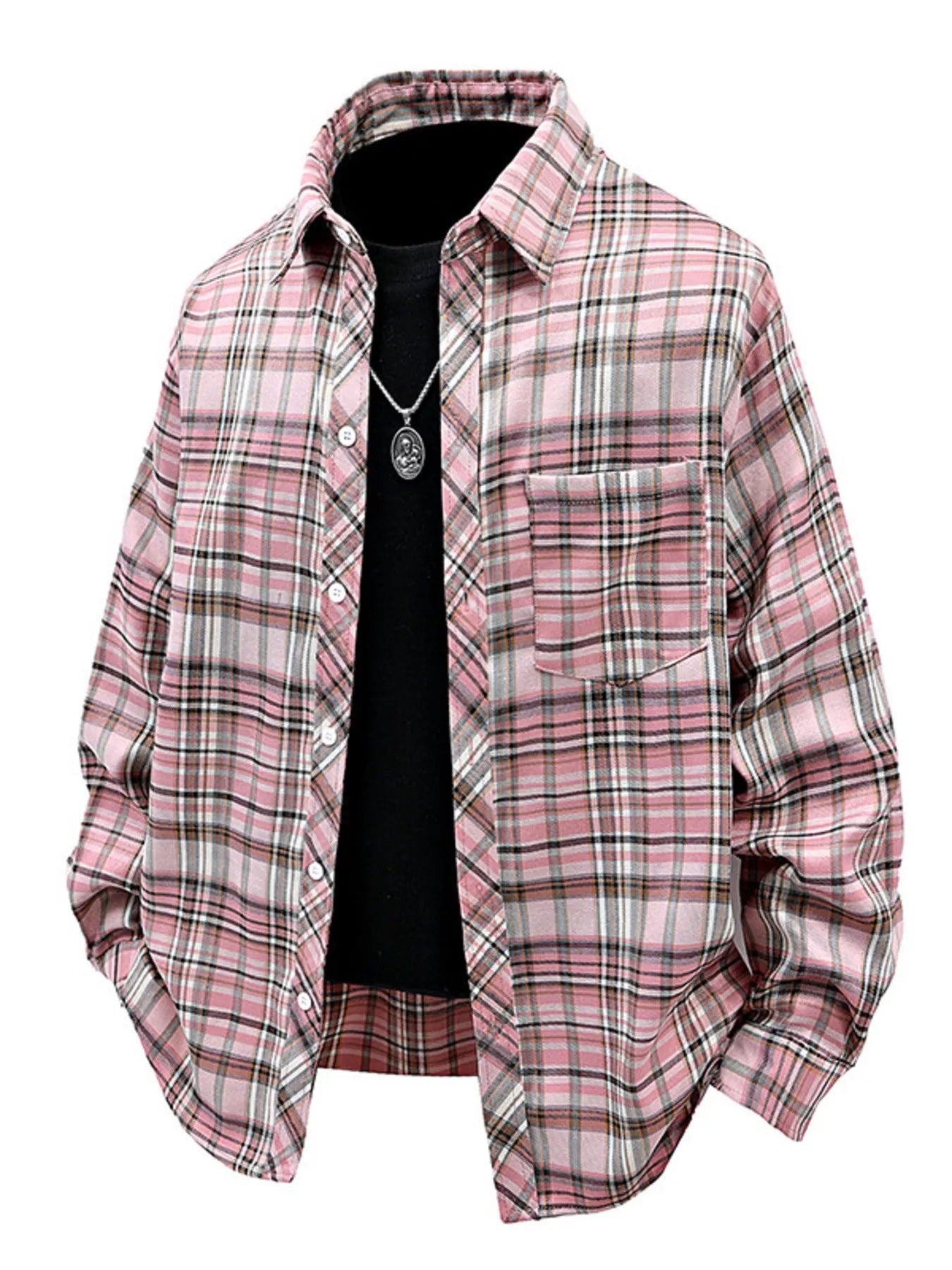 Pink and white plaid shirt over a black t-shirt on a white background