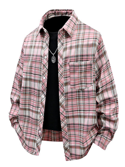 Pink and white plaid shirt over a black t-shirt on a white background