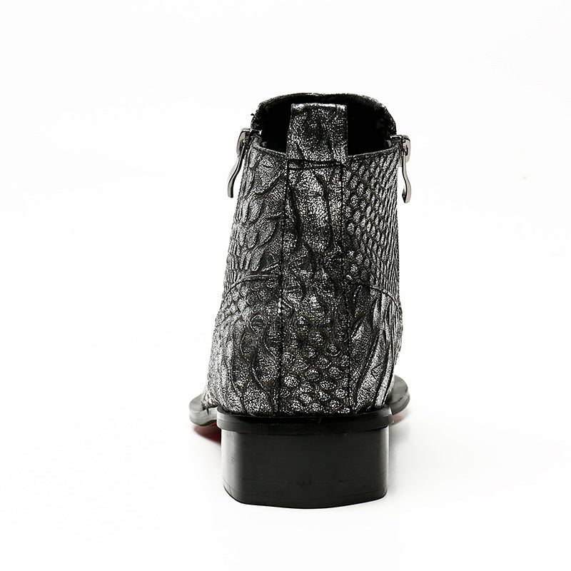 Black and silver patterned ankle boot on a white background