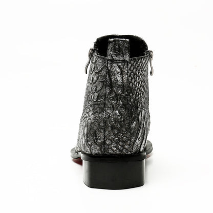 Black and silver patterned ankle boot on a white background